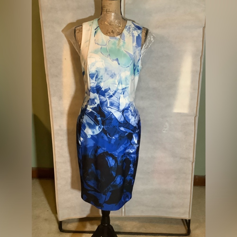 Calvin Klein, Blue & White print sleeveless shift dress. No Sz Tag